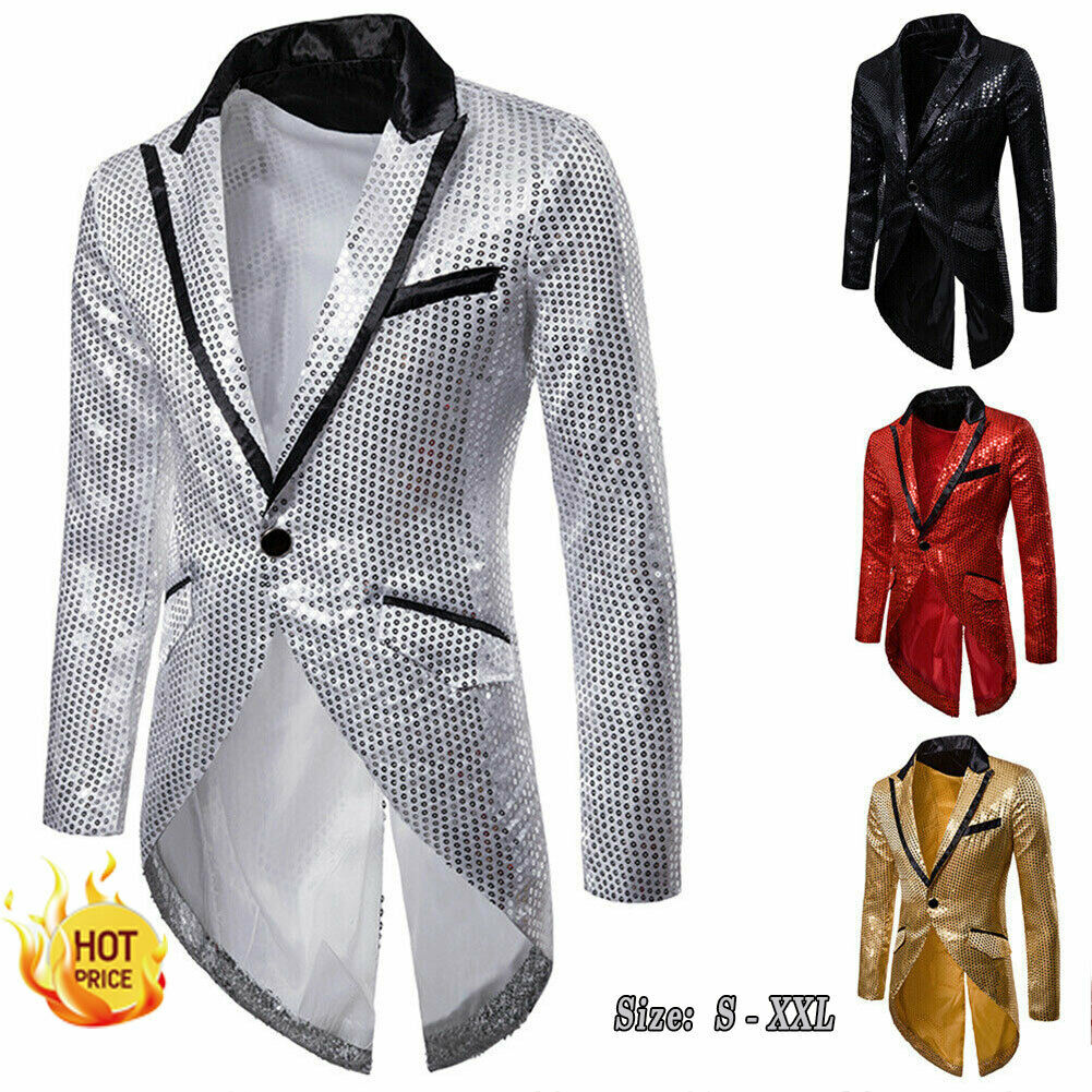 Lyxigt bröllop brudgum märke män paljett slimmad kavaj frack scen balklänning kostym kostymer brudgum blazer