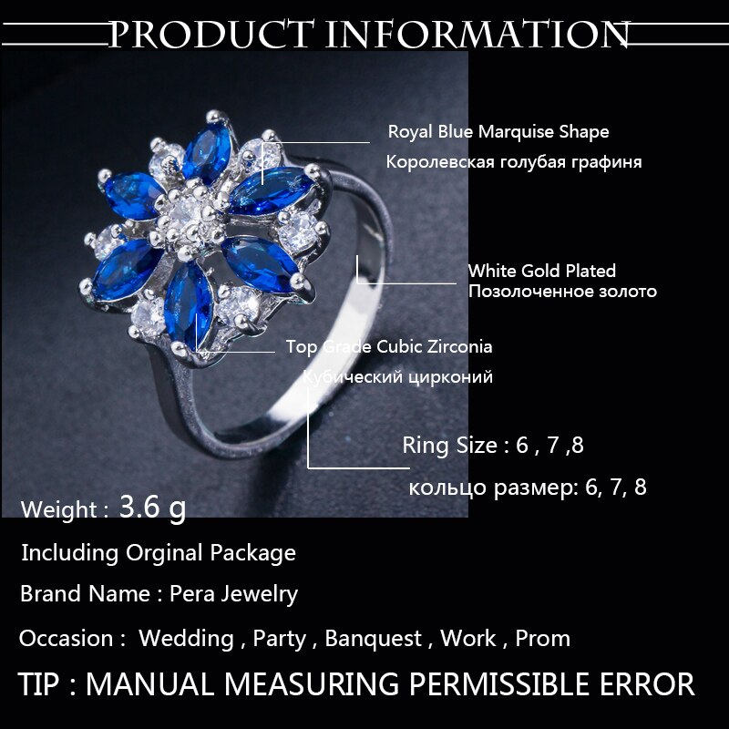 Pera moda feminina dedo jóias royal azul e branco zircônia cúbica grande cristal austríaco girassol anéis para presente feminino r004