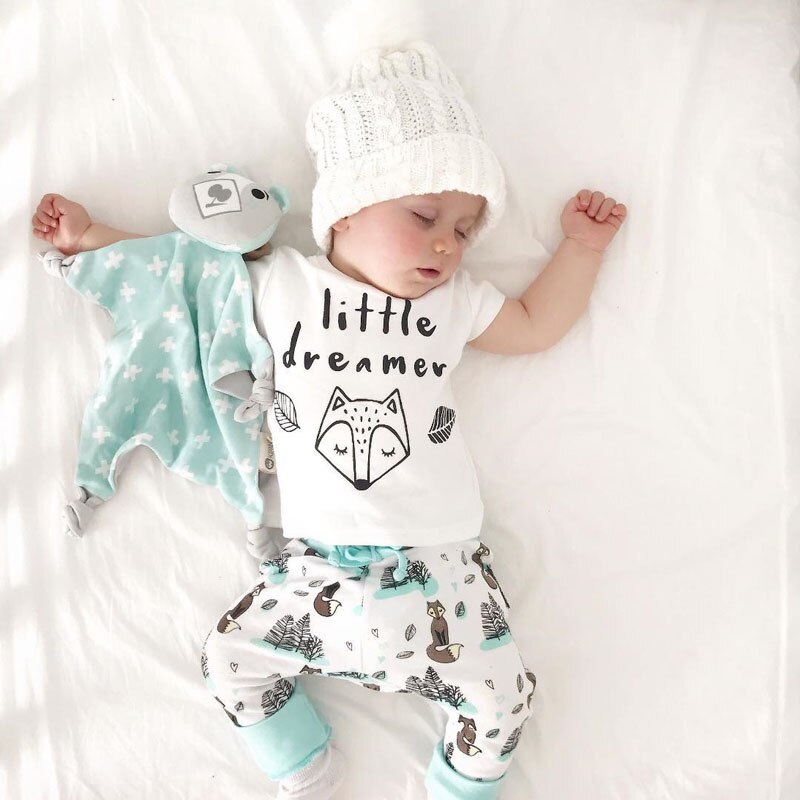 Pudcoco 0-2y sommar nyfödd bebis pojke flicka kläder set liten drömmare räv t-shirt toppar+byxor kläder kläder baby kläder set