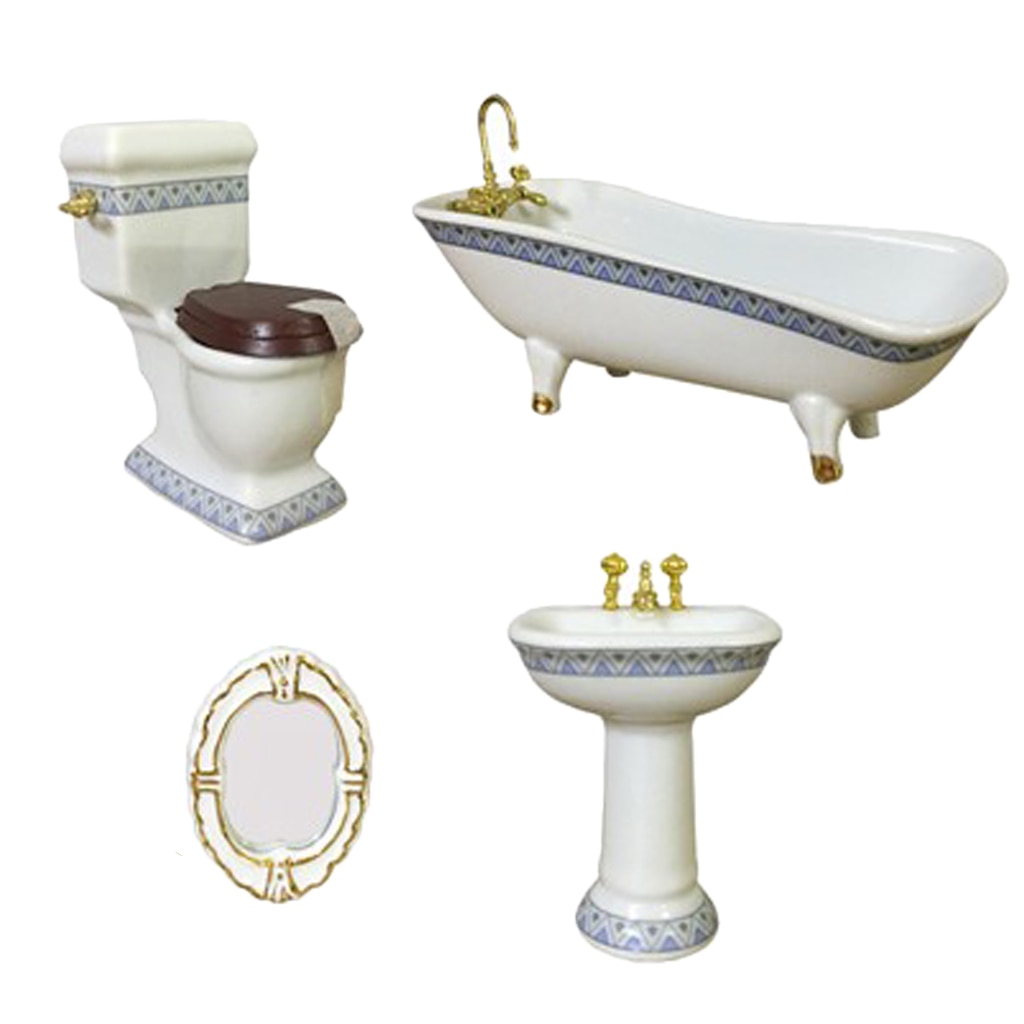 1:12 Miniature Bath Accessory Bathtub Toilet Sink Mirror, 4-Piece Dollhouse Bathroom Accessories, Dollhouse Decorations Kit