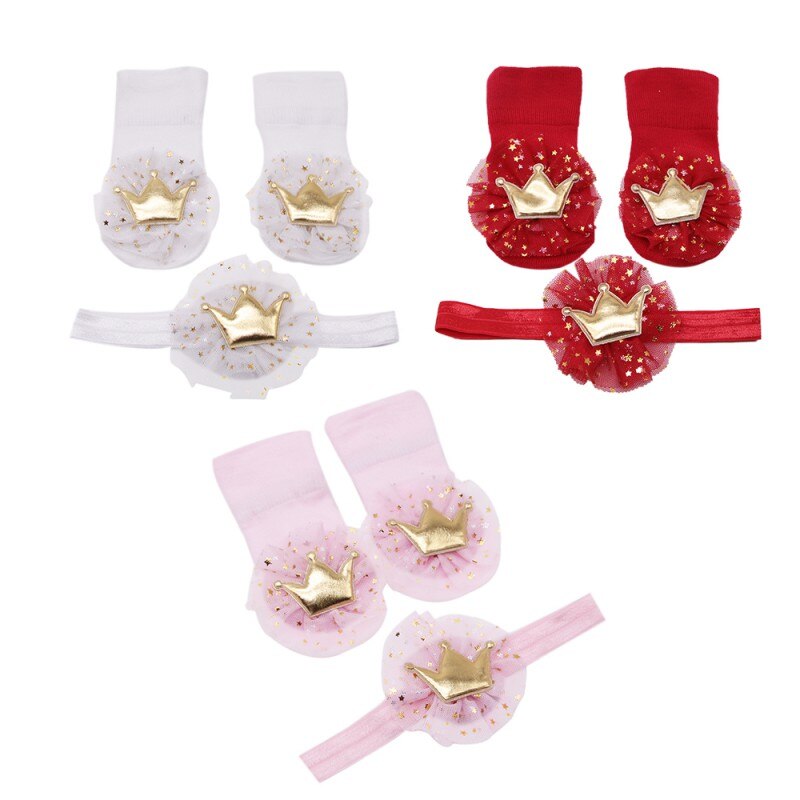 Newborn Soft Socks Baby Crown Highlight Flower Stretch HairBand+Non-slip Cotton Socks Two-piece Children Headband