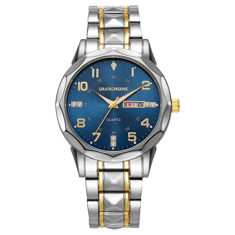 Bekend merk herenhorloges, roestvrijstalen band, grote wijzerplaat, quartz herenhorloge, hoogwaardig polshorloge met weekkalender: Blauw