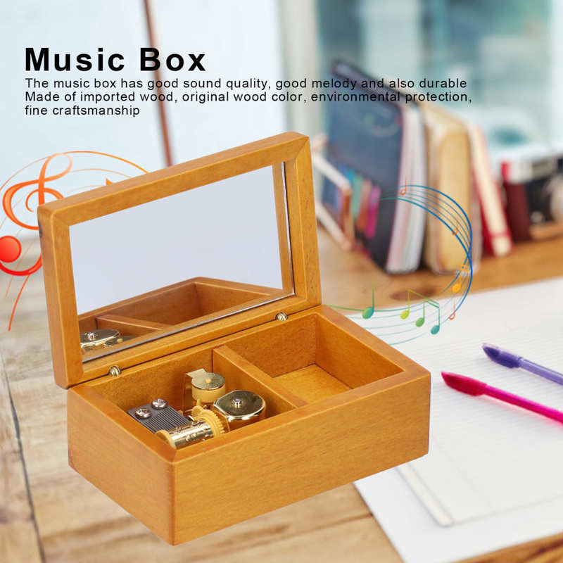 Musical Jewelry Storage Case with Mirror Desktop Music Box Wooden Decoration