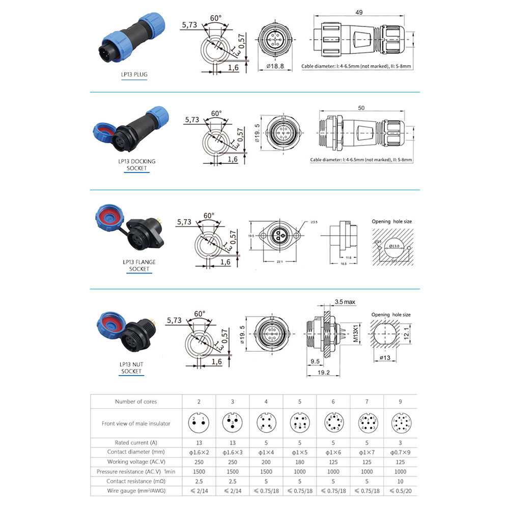LP/SP13 1 Set Aviation Connectors IP68 Waterproof 2/3 Pin Nut/Flange/Docking Male Plug & Female Socket Panel Mount Solderless