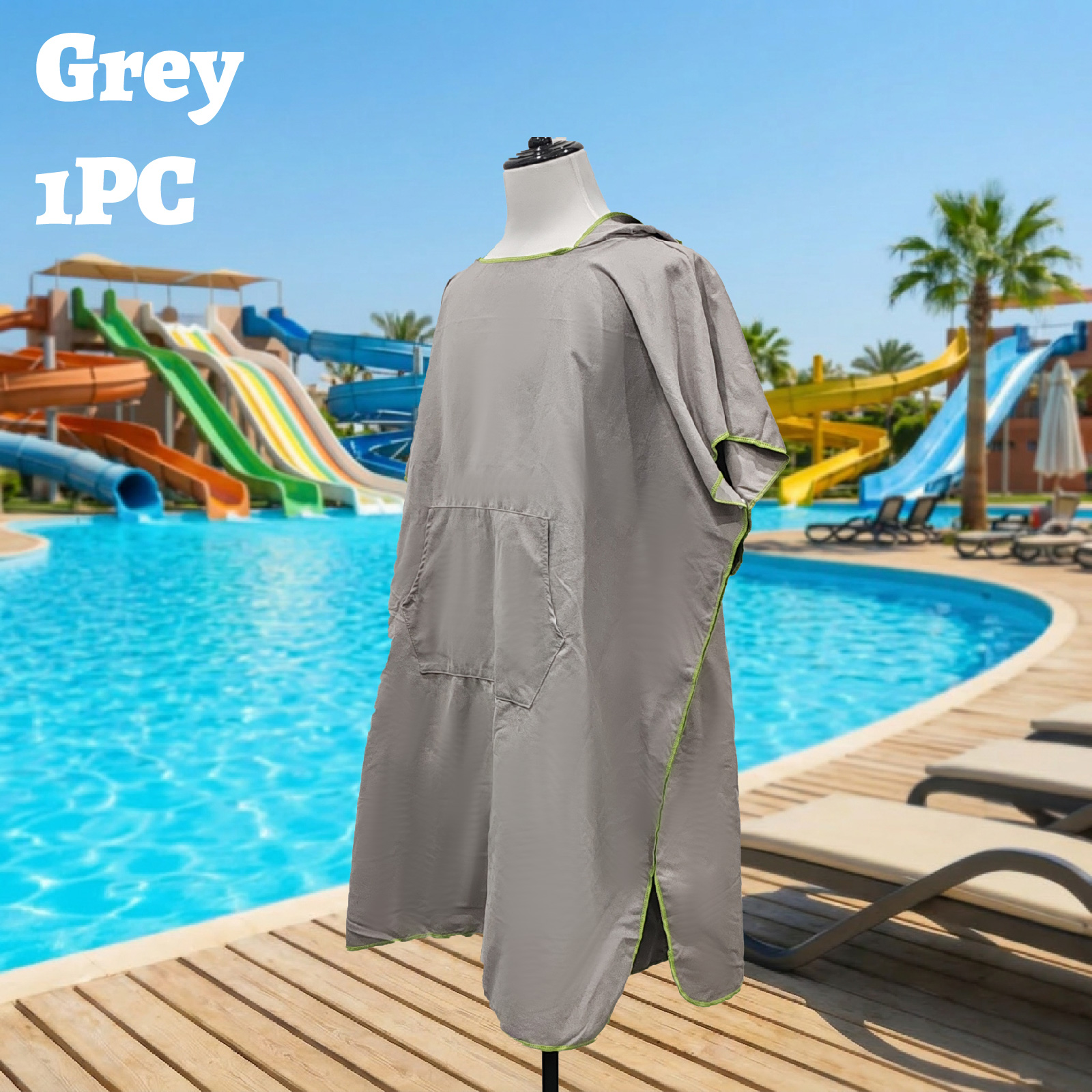 Grijze snel drogende strandponcho, lichtgewicht oversized badjas met zakken, surfhanddoek, omslagdoek, zonnedeken: GRIJS