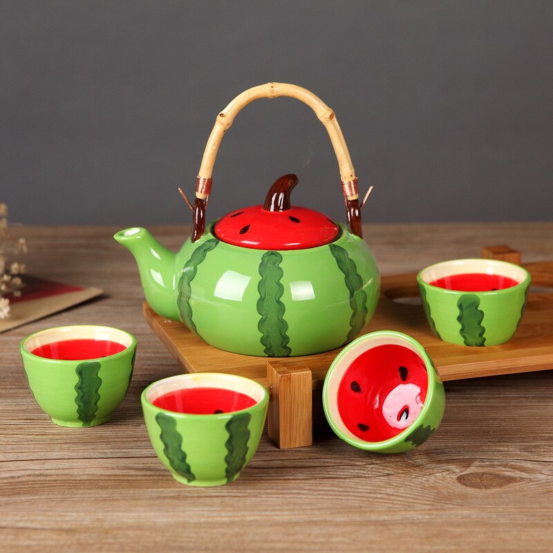 Ceramic Teapot Kettles Tea Cup Fruit Watermelon Tea Set Drinkware Set (One Kettle Four Cups) (No Tray)