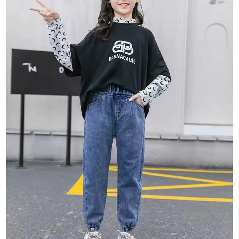 Simple Girl Spring Autumn Casual Denim Trousers Foreign Flavor Baby Girl Out Wear Trousers Loose All-match Denim Trouser