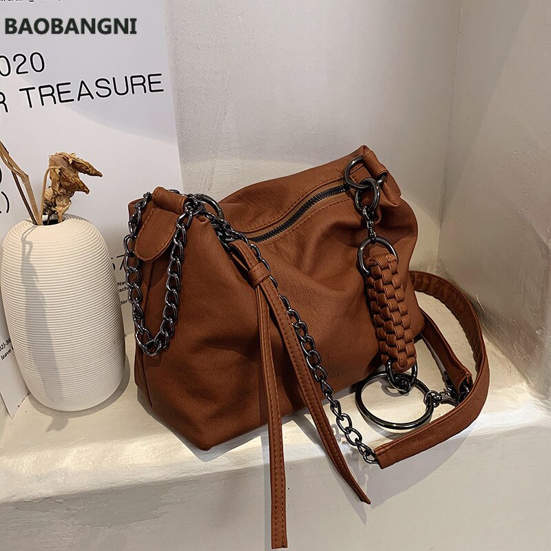 Vintage Vlechten Vrouwen Eenvoudige Schoudertas Pu Leather Chain Hobos Messenger Bag Dames Handtassen Bolsas Bruin