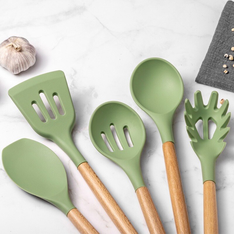 Avocado Green Silicone Utensils Cooking Kitchenware Tool Set With Wooden Handle Non-Stick Spatula Ladle Egg Beaters Shovel
