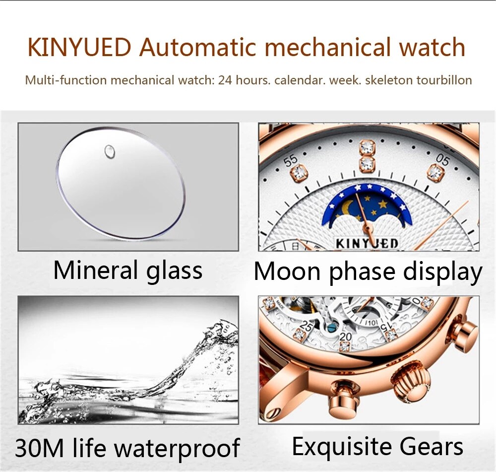 KINYUED-reloj mecánico totalmente automático para hombre, de , informal, totalmente funcional, Tourbillon, de negocios, luminoso, resistente al agua, J025