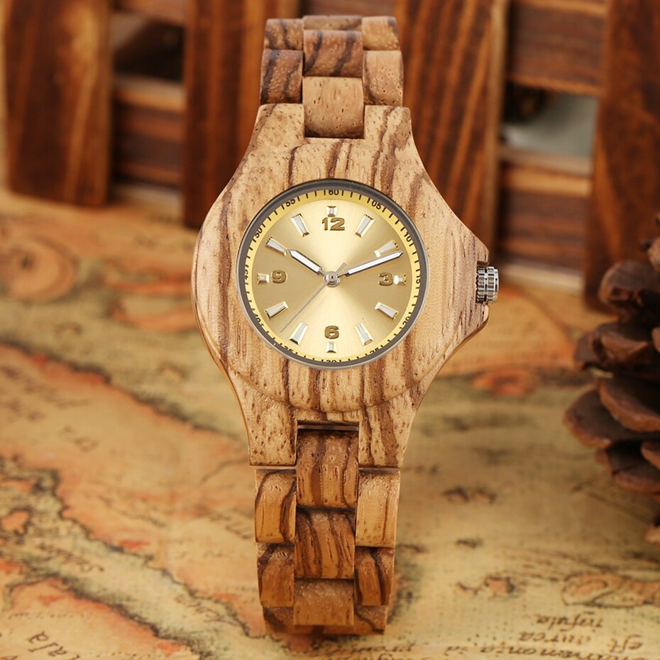 Women's Yellow Dial Analog Watch Retro Wood Watch Wooden Bracelet Ladies Quartz Hour for Girlfriend saat erkek Hours clock