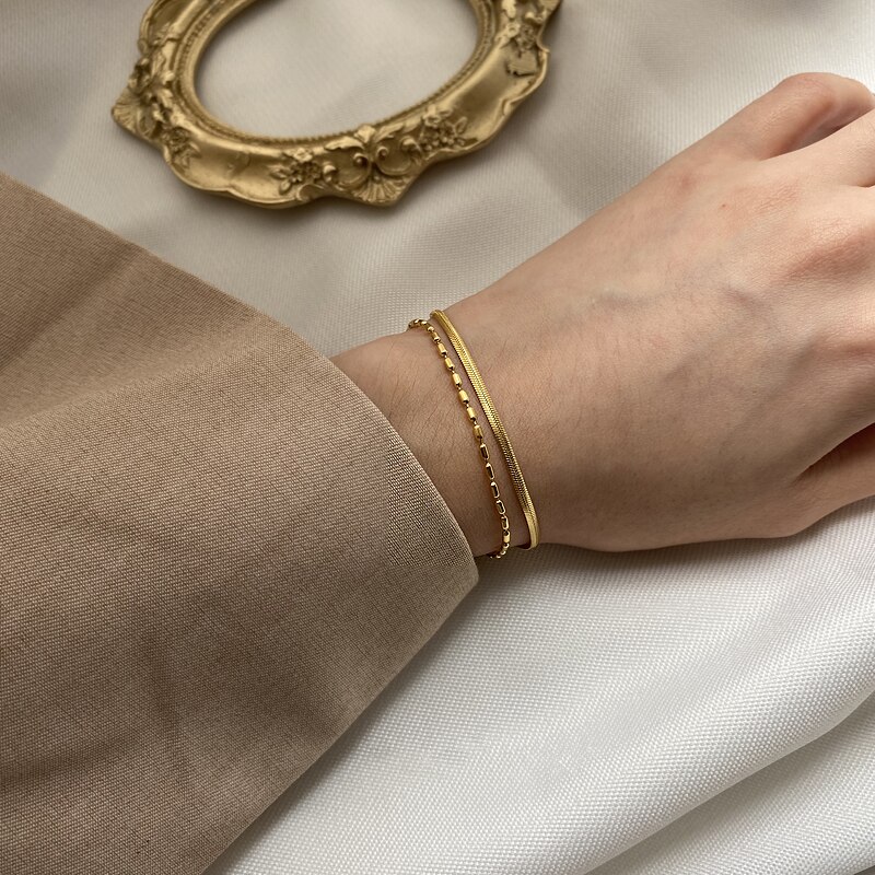 Huanzhi 2020 novo design simples metal redondo frisado dupla camada cobra corrente pulseira pulseiras para mulheres menina festa de verão jóias