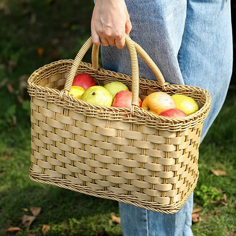 Imitated Rattan Wicker Handmade Shopping Basket, Large-Capacity Portable Flower Fruit Basket Picnic Bread Basket