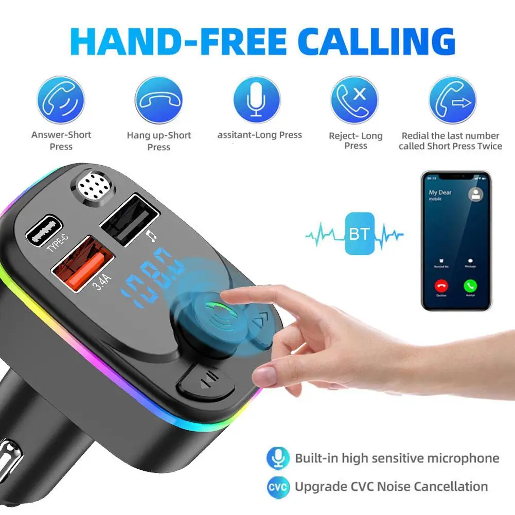 Transmisor FM manos libres Bluetooth 5,0 para coche PD tipo C Dual USB 3.4A luz ambiental colorida reproductor modulador MP3 2023
