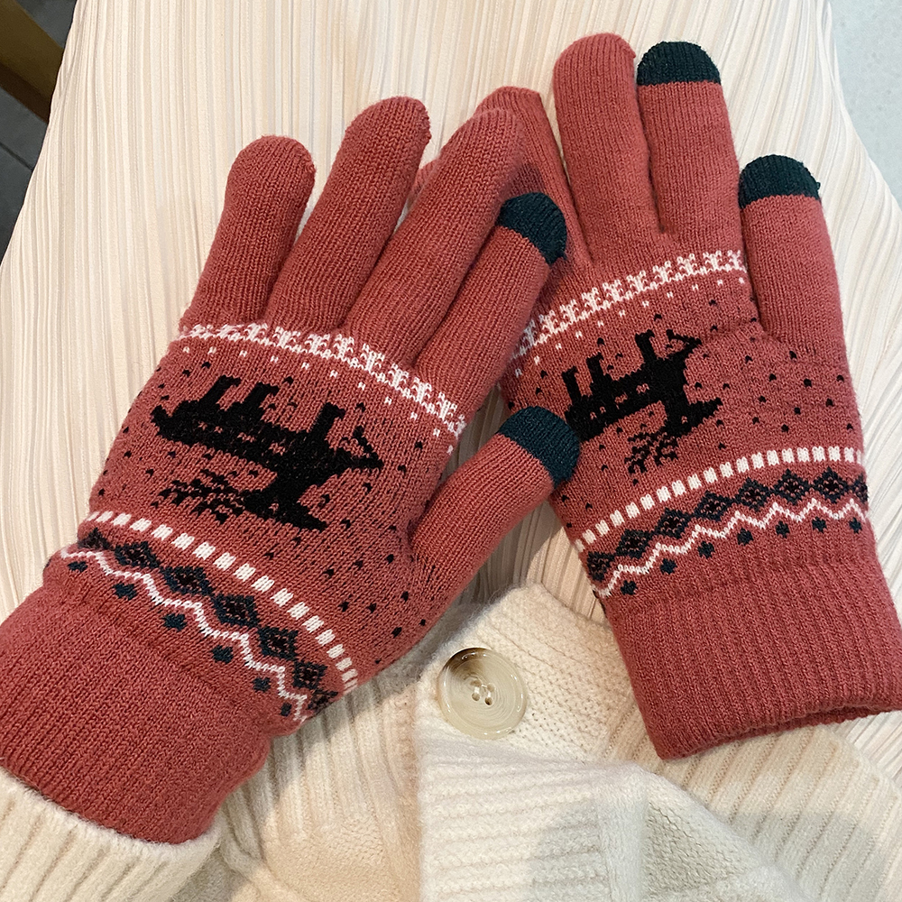 Christmas Elk Printed Knitted Gloves Thicken Warm Winter Touchscreen Glove Women Girls Full Finger Gloves Outdoor Shopping