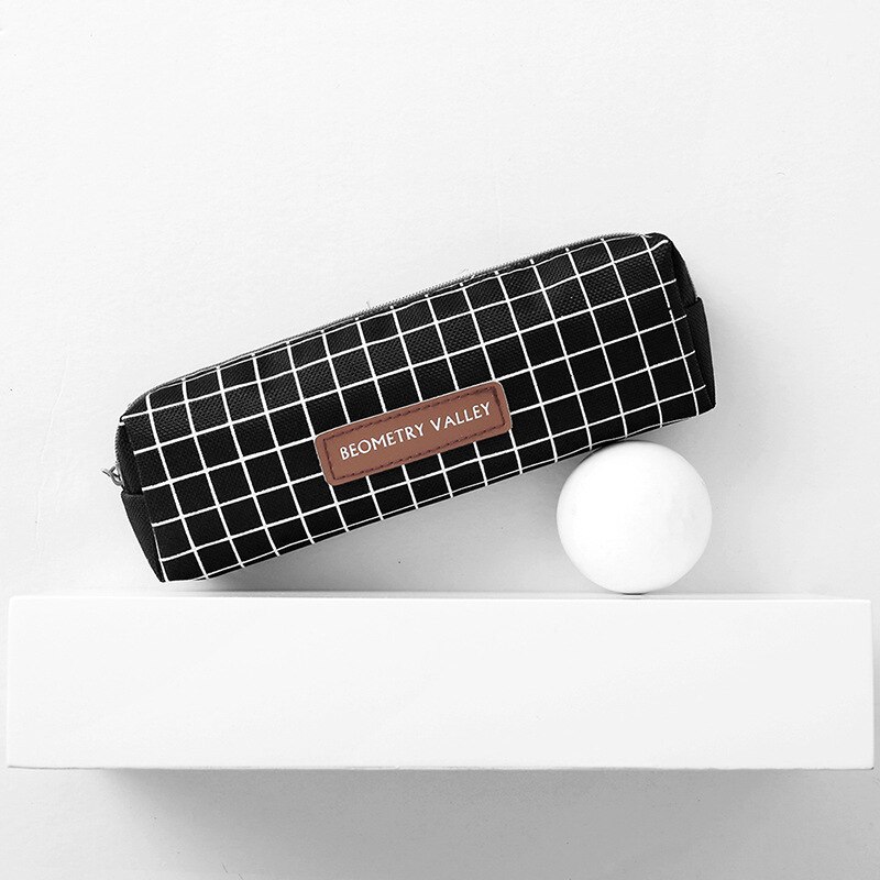 Cute Canvas Pencil Case High Capacity Lattice Stripe Square Pen Pencils Bags For Girls School Supplies Box Pouch Stationery: Black Plaid