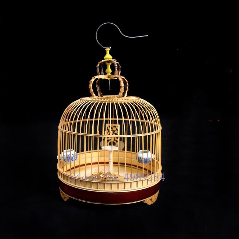 Jaula de madera para pájaros hecha a mano creativa, jaula de bambú con patrón de tallado de madera para alimentar aves, accesorios de mascota doméstica china Retro