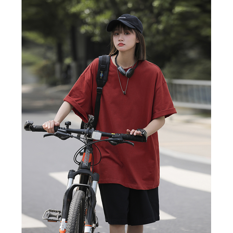 Camiseta informal de algodón puro de gran tamaño para mujer, ropa de calle japonesa de talla grande 5XL, camiseta de manga corta de Color sólido a la: S / Rojo
