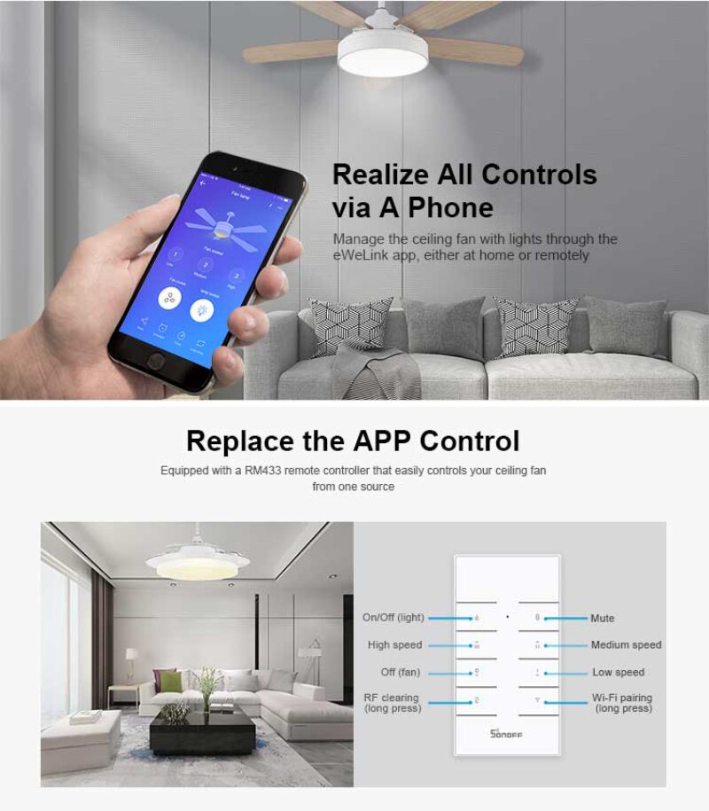 Sonoff ifan03-novo ventilador de teto e controle de luz, wi-fi, suporte para 433mhz, controle rf por app ewelink, google home, compatível com alexa