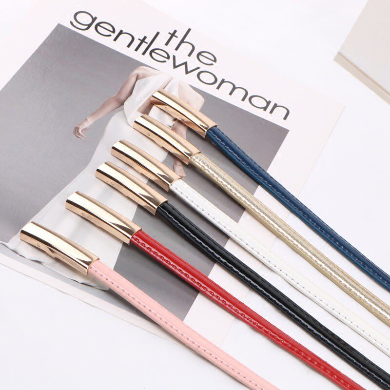 Cinturón elástico ajustable para mujer, cinturón delgado de cuero con hebilla dorada, negro, blanco y azul, pasek damski