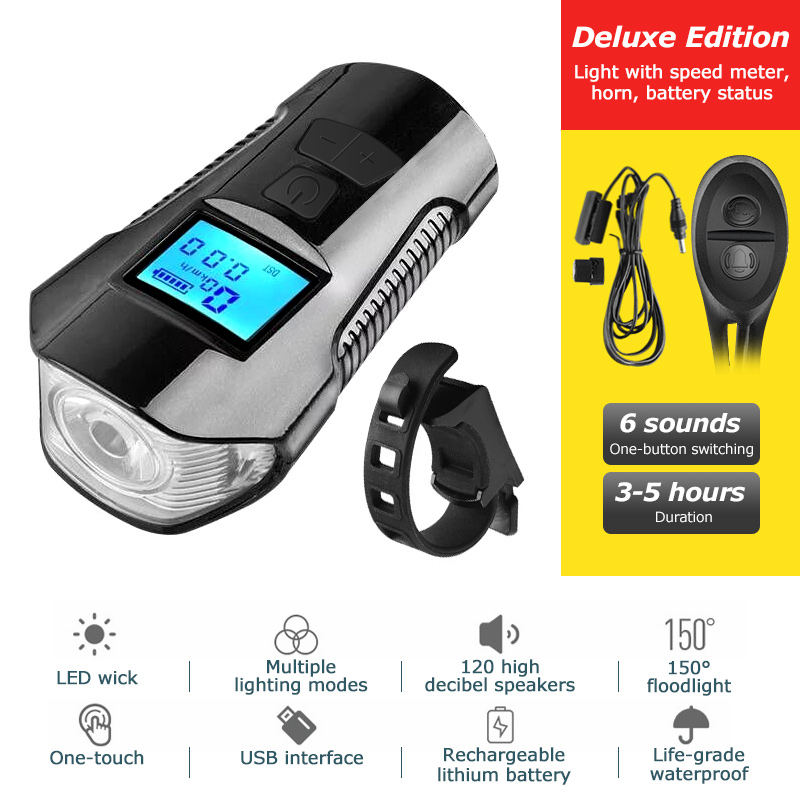 Waterproof Bicycle Computer With Light USB Charging Bike Front Light Flashlight Handlebar Cycling Head Light w/ Horn Speed Meter: Deluxe Edition BLK