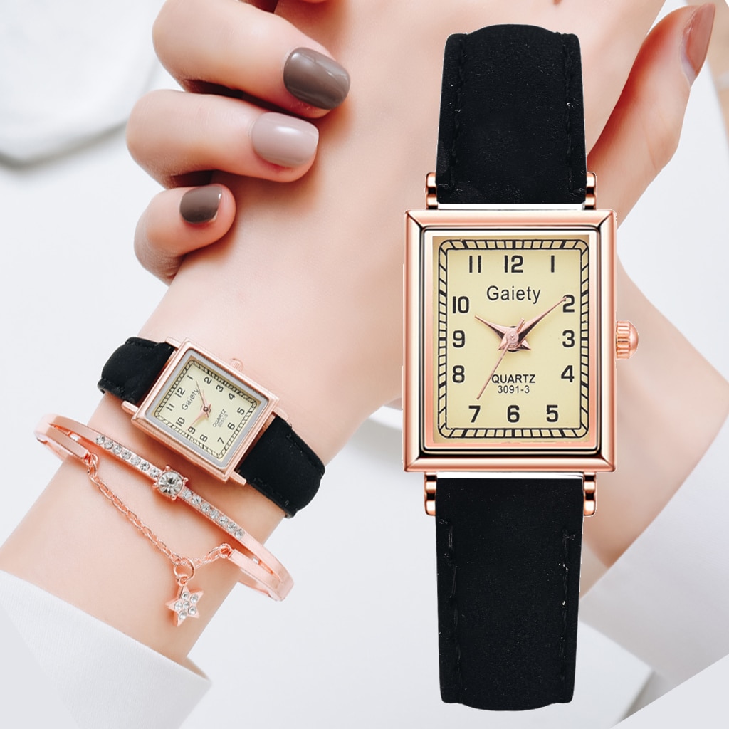 2PCS /Set Women Leather Belt Dress Quartz Clock Square Dial Sport Casual Bracelet Ladies Wrist Watch Relogio Reloj Mujer