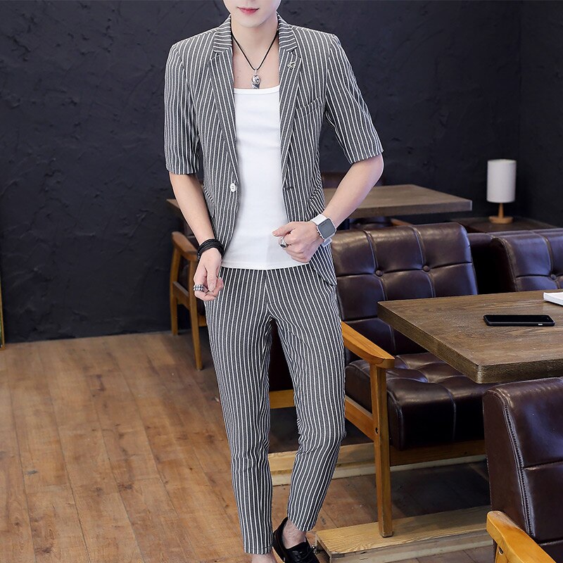 Mens Suits Zomer Mid Mouwen Met 9 Cent Broek Streep Tweedelige Mode Slanke Heren pakken Met Broek: Black / XL
