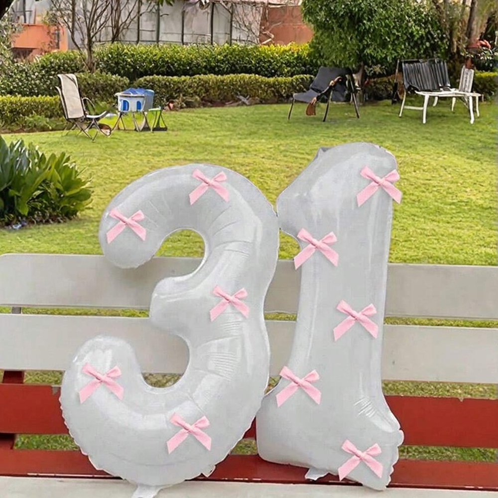 40 inch roze strik decor witte nummer ballonnen, 0-9 witte nummer ballonnen met roze strik decor, geschikt voor verjaardagsfeestje, jubileum