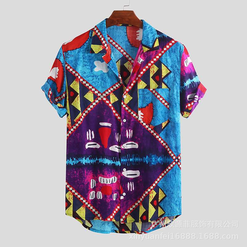 Men Beach Shirt Purple Print Short Sleeve Lapel Neck Button Leisure Hawaiian Shirts Men's Short Sleeve Button Tops Summer: Drak Blue / XXL