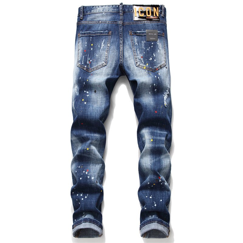 Heren Bottom Denim Broek Blauw Borduurwerk Etikettering Verf Ripped Gaten Wilde Esdoornblad Icoon Persoonlijkheid Jeans