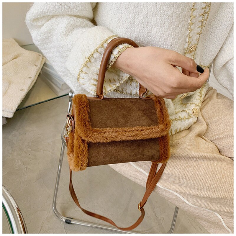 2020 nowe panie PU przekątna mała torba kwadratowa moda okładka typu pluszowa dekoracyjna torebka na wszystkie mecze torba damska na jedno ramię: brązowy