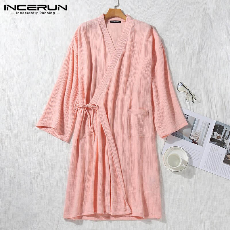 Incerun menn kapper 3/4 -ermet v-hals bomull kimono pustende uformelt japansk nattøy løs unisex pyjamas menn badekåper s -5xl
