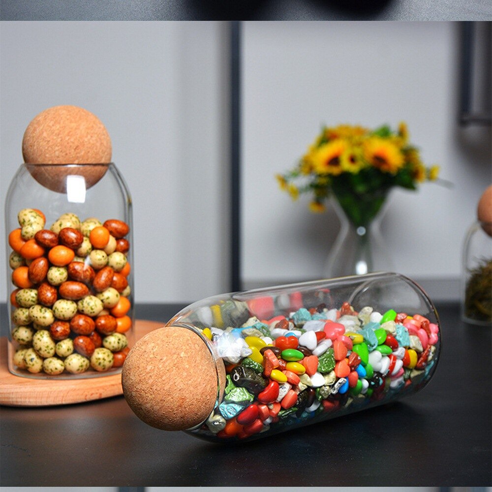 Glass Storage Jar Round Ball Cork Seal Transparent Glass Storage Jar Coffee Tank Grains Dried Fruit Sealed Jar Kitchen Storage