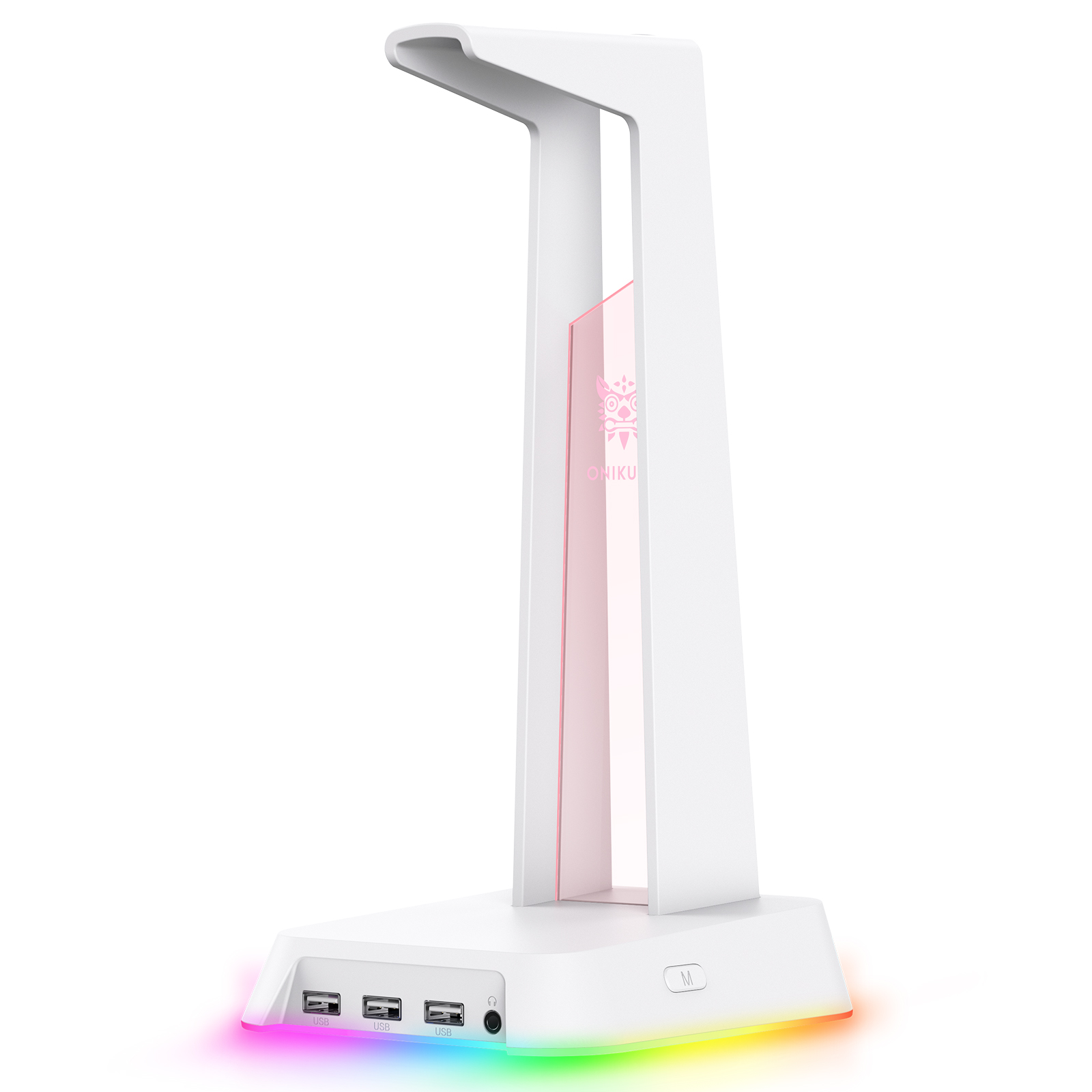 ONIKUMA RGB Gaming Headphone Stand Computer Headset Desktop Display Holder Luminous Logo with 3 USB and 3.5mm AUX Ports: White with box