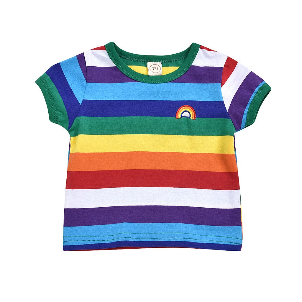 Regenboog Streep Afdrukken Kids Baby Jongens Meisjes Korte Mouwen Tops T-shirt Katoen Herfst Lente Tee Kinderen Shirts Tops 3M-3Y: Multicolor / 18m