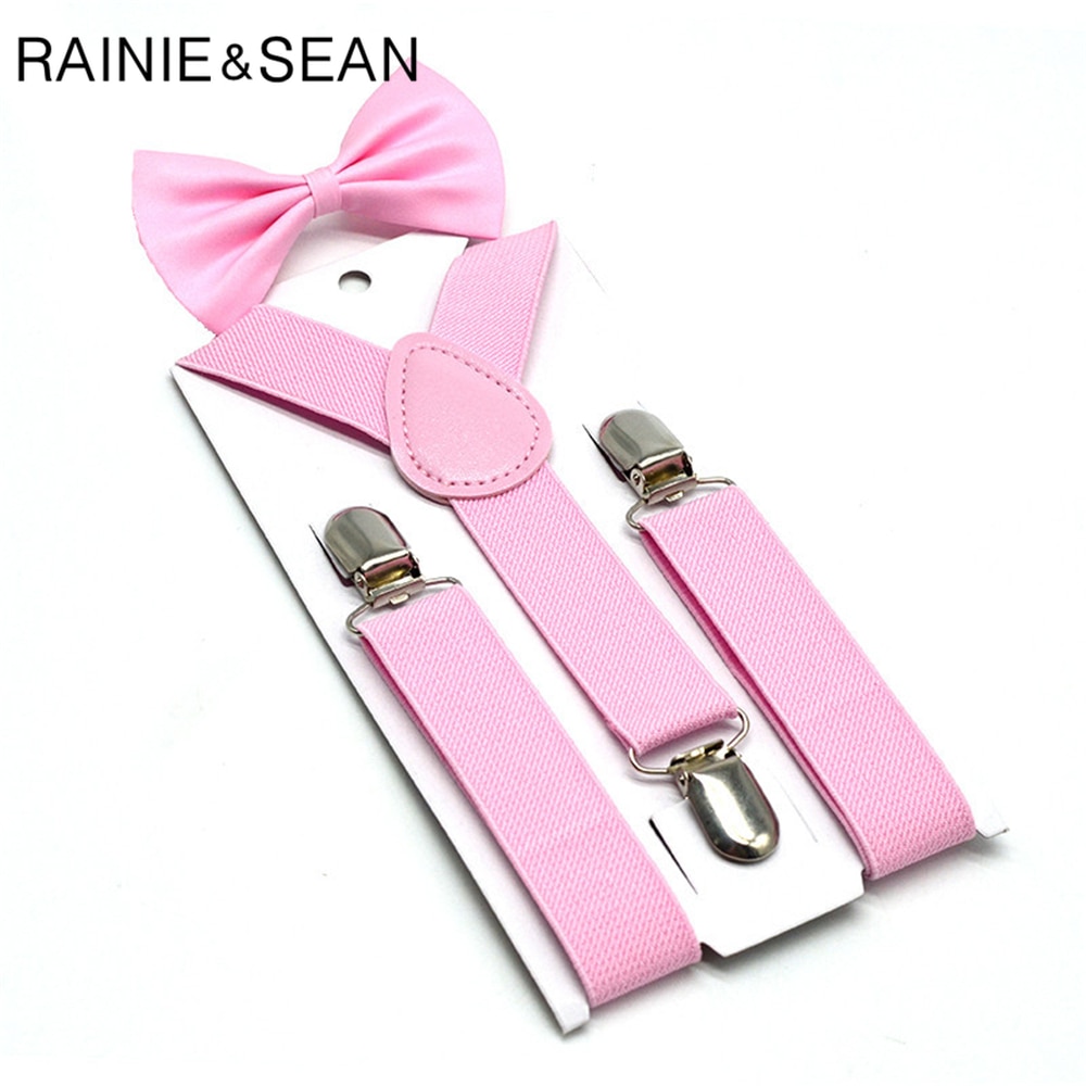 RAINIE SEAN Pink Kids Suspenders Bowtie Set Solid Children Suspender Dress Wedding Baby Girls Braces