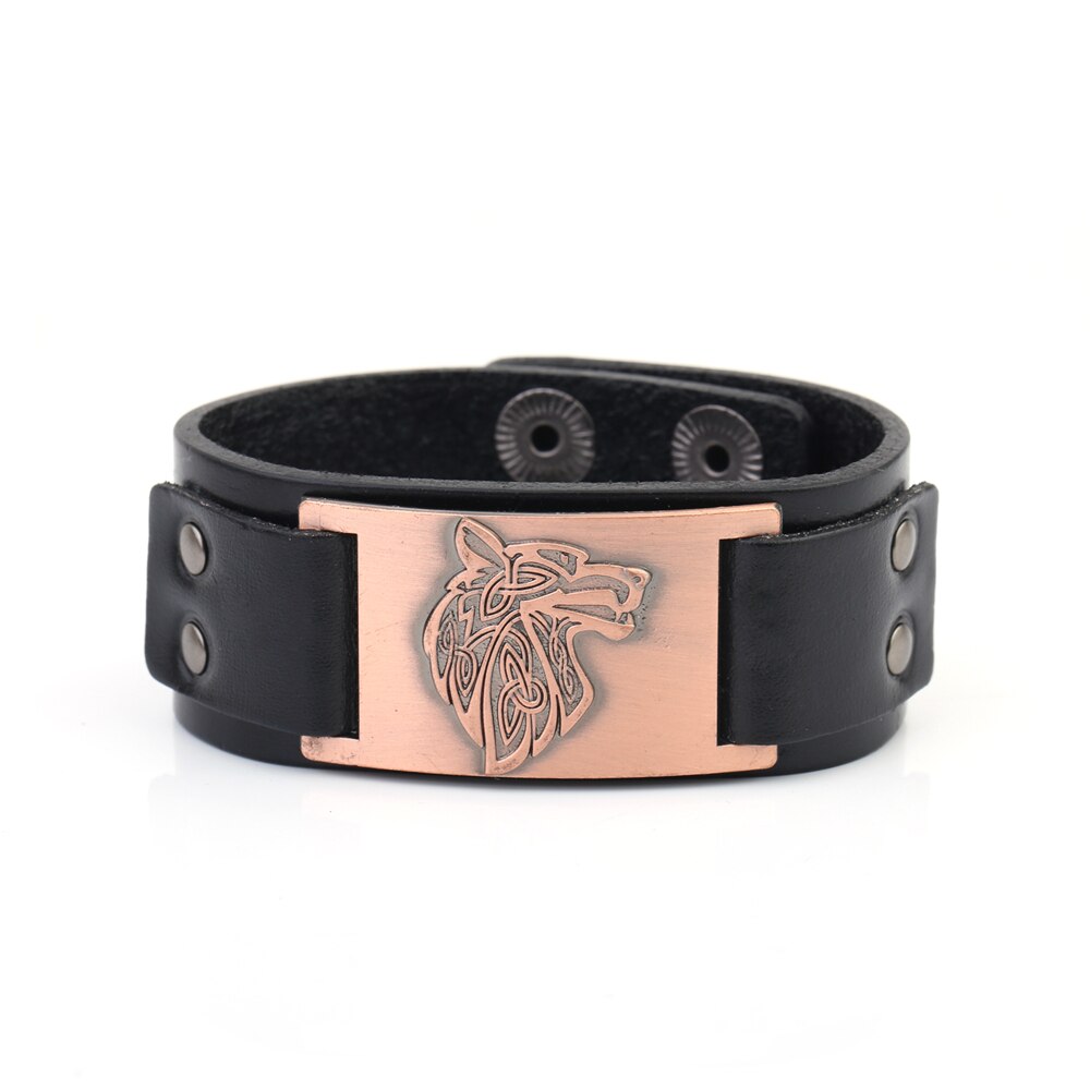 Dawapara Viking Wolf Hoofd Armband Voor Mannen Badge Charm Punk mannen Zwart Lederen Armband Brede Leren Armbanden Voor Vrouwen