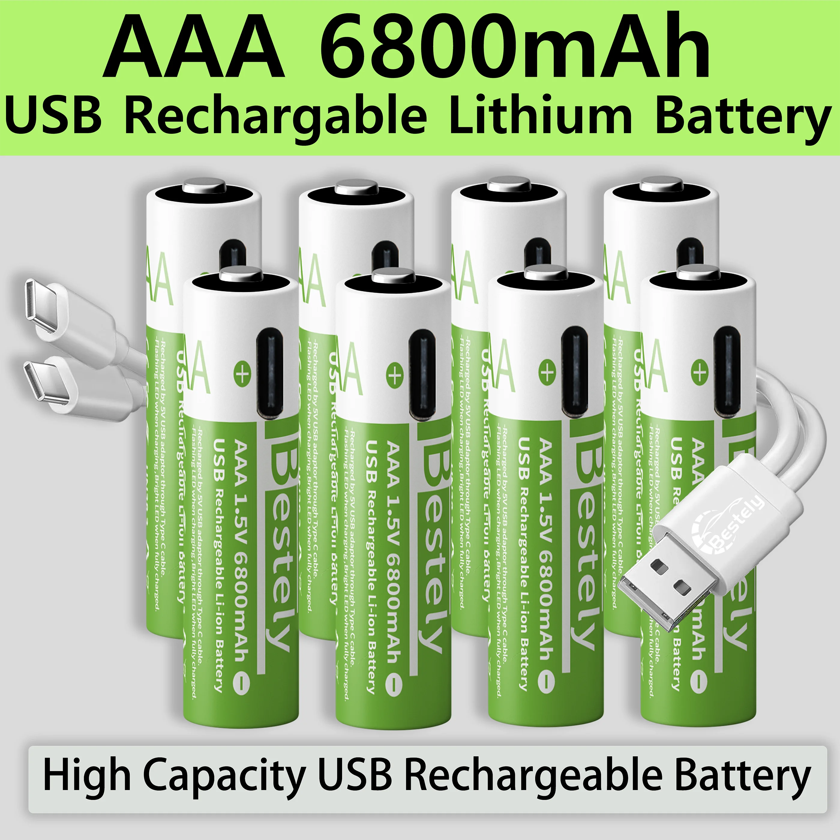 1.5v AAA 6800mAh Rechargeable Lithium Batteries High Capacity AAA Li-ion Battery Type-C USB 2000 times cycle with free cable