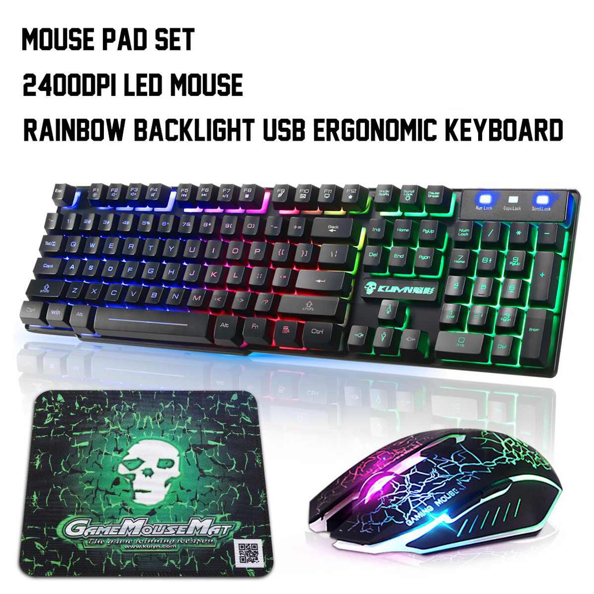 Colorful Backlight USB Keyboard Kit Wired Gaming Keyboards 2400DPI LED Gaming Mouse Combo with Mouse Pad Mix Backlit Mice