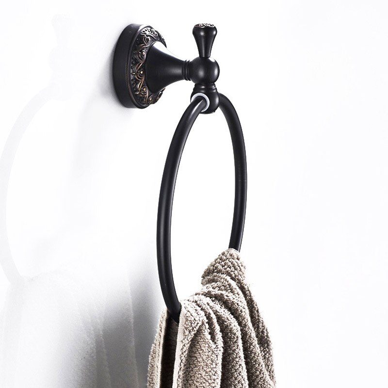 Anit-rust badeværelse håndklædeholder, massiv kobber vægmonteret rund sort håndklæde ring, klassisk håndklædestativ med blomster udskåret