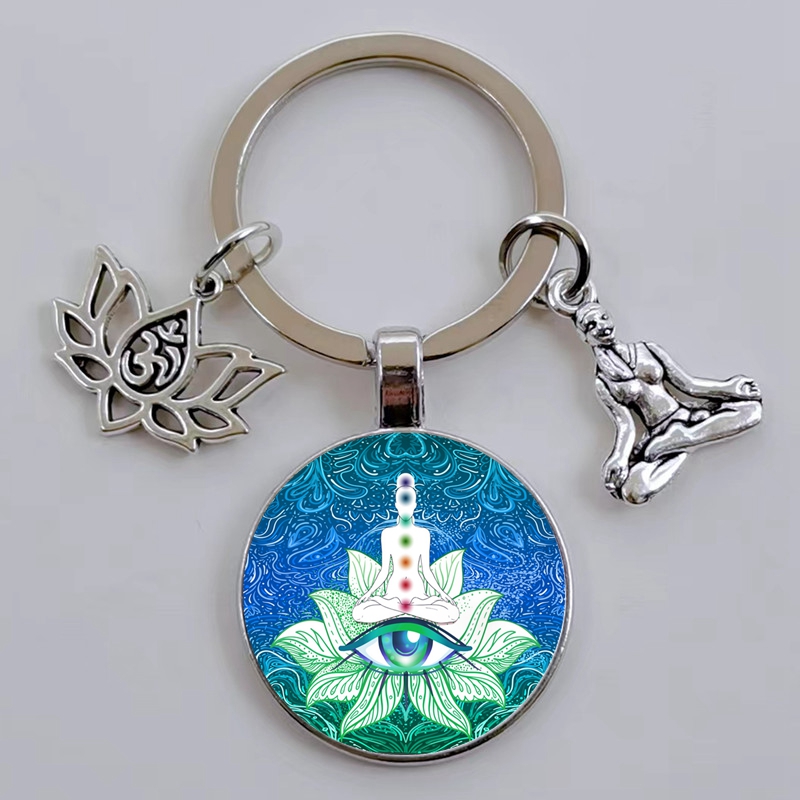 Indian Buddha Meditatie 7 Chakra Mandala Psychedelische Yoga Glas Cabochon Sleutelhanger Ornament