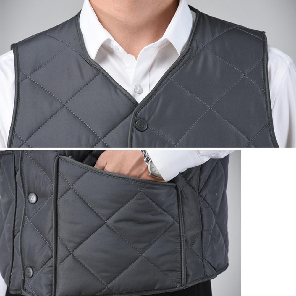 Herfst Winter Heren Vest Effen Kleur Dons Vulling V-Hals Mouwloos Warm Vest Zachte Knoop Sluiting Koud-Proof Zak Jas Vest