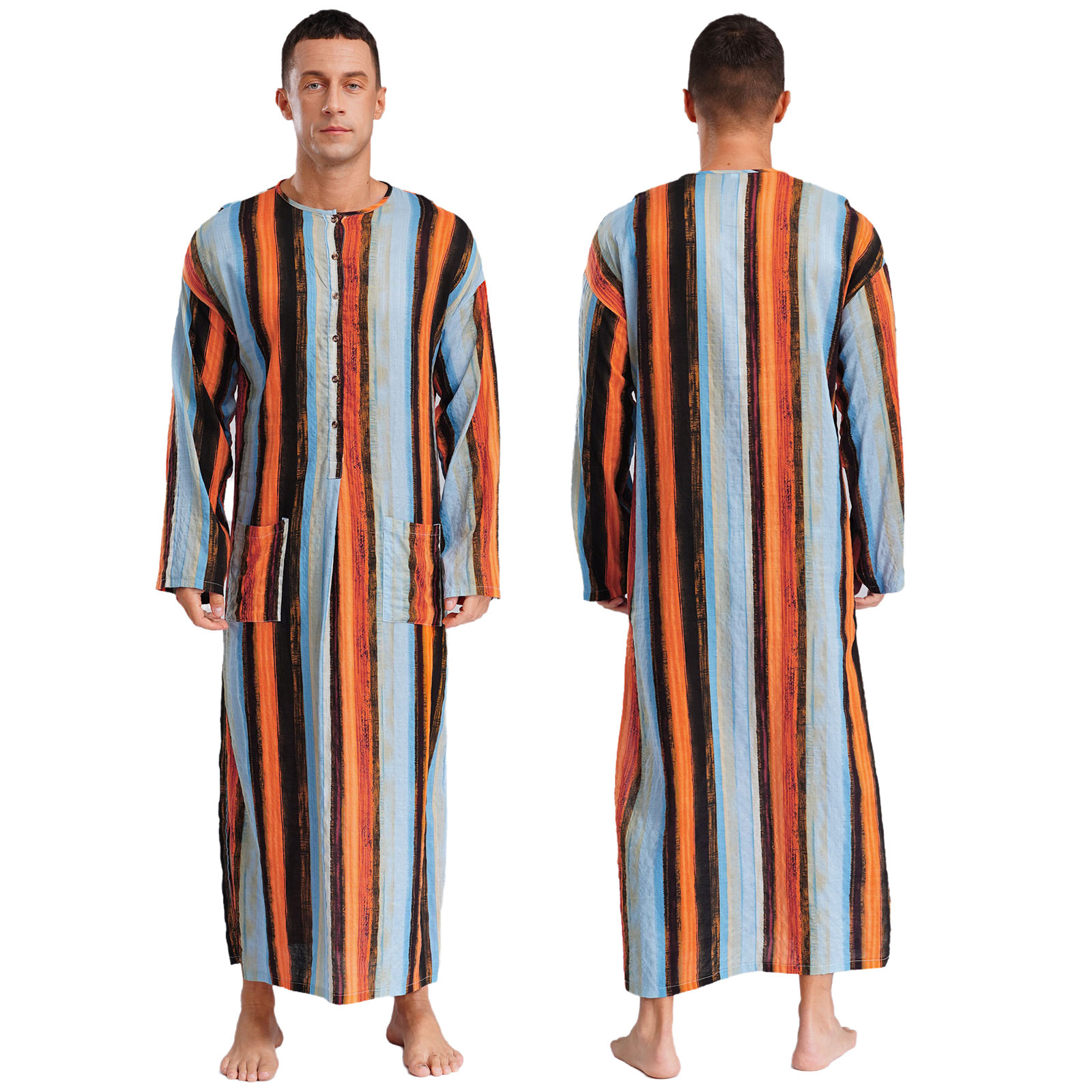 Mannen losse jurk Midden-Oosten Islam Moslim Thobe Ronde Hals Lange Mouw Streep Lange Jurk Knoppen Arabische Jubba Thobe Shirt Jurken: XL / Cyaan