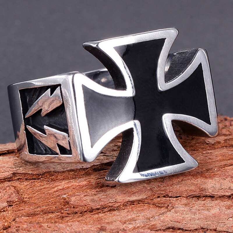 Classic 316L Stainless Steel Iron Cross Ring Mens Black Oil Painting Gothic Punk Motor Biker Ring Male Heavy Metal Ring Jewelry