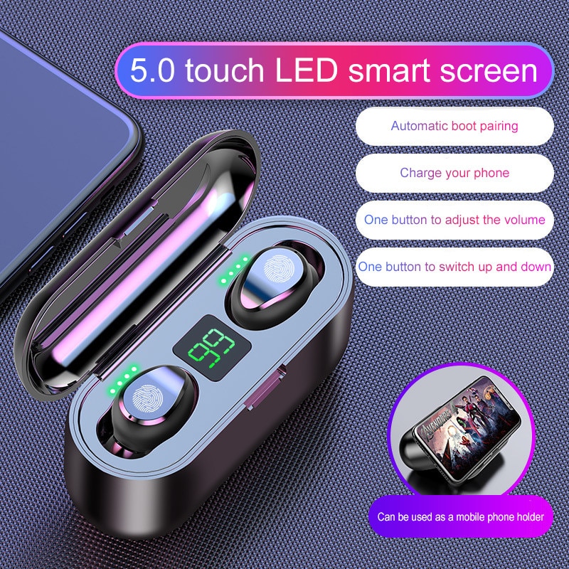 F9 TWS Wireless Earphone Bluetooth V5.0 Headphone Sports Headset LED Display With 2000mAh Power Bank Microphone