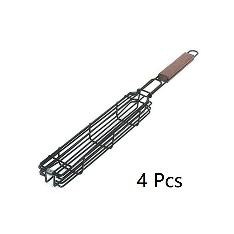 Grill kabob grillkorg spett rotisserie kebab ingen korg korg matlagning grill tillbehör non-stick kabob korgar: 4 st träfärg