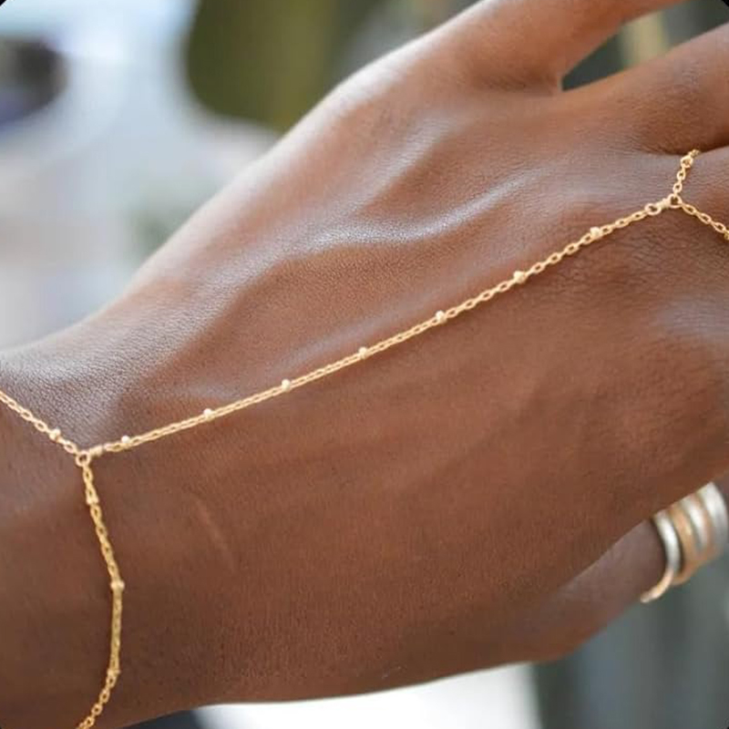 Elegant handkedjearmband ring guldpläterad handgjord länkkedjor förbindande sele armband handsmycken för kvinnor trendiga: Hetstämpling
