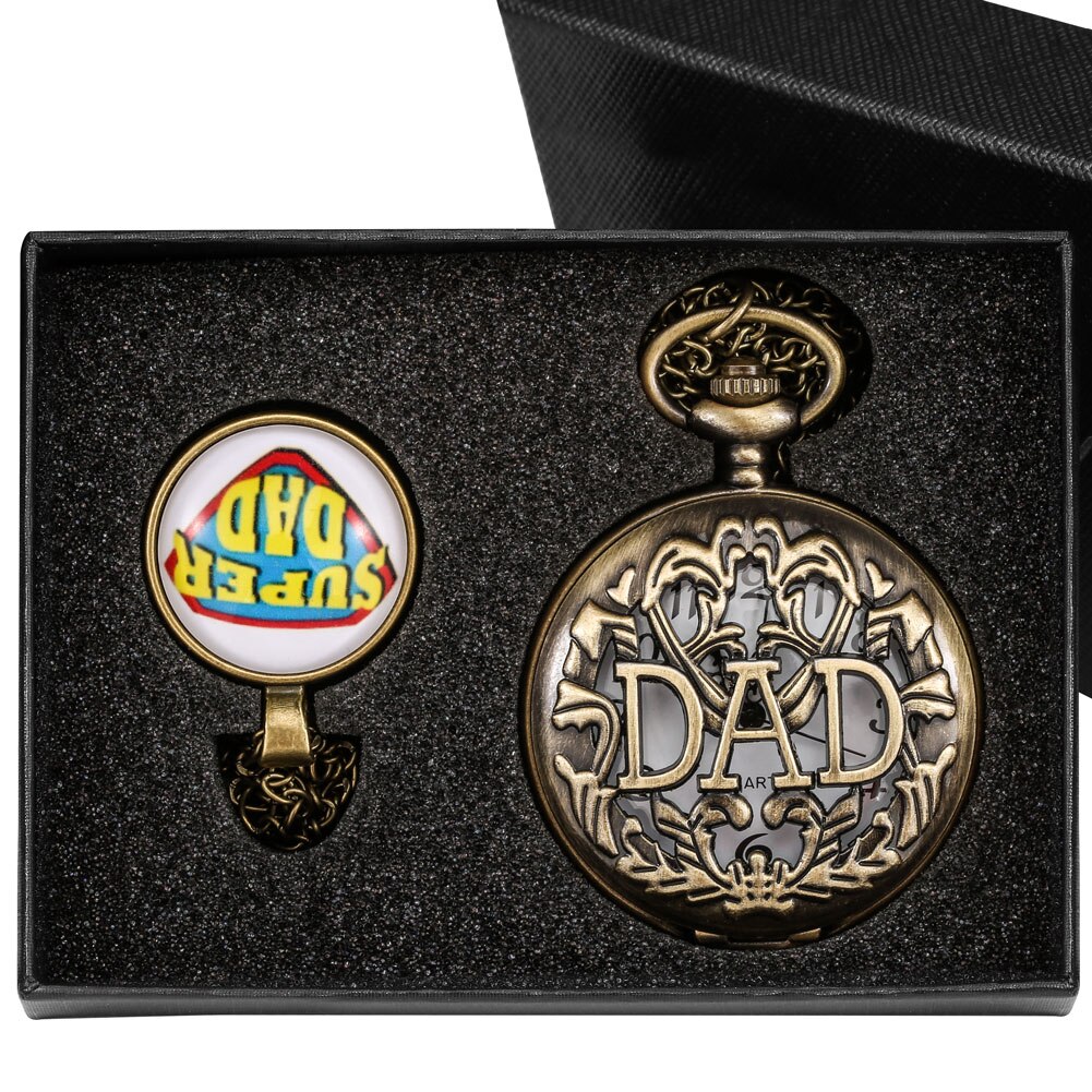 Vaders Dag Quartz Zakhorloge Hollow Gesneden Dad Zakhorloge Retro Creatieve Hanger Klok Ketting Ketting Super Dad: Watch Gift Set 2