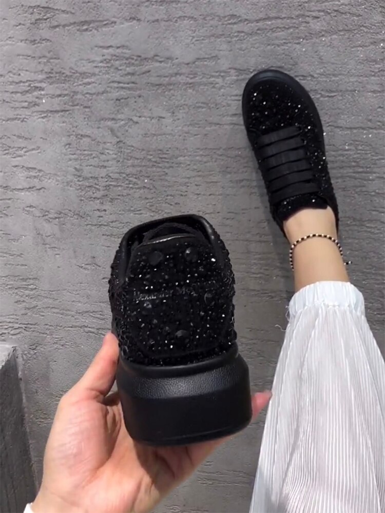 Damesko platform krystal rund tå modis afslappet kvindelige sneakers efterår træsko rhinestone lille efterår snøre solid