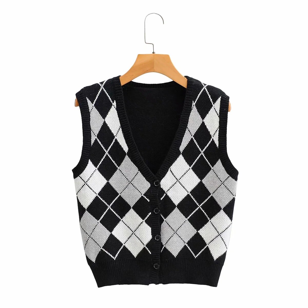 Preppy stil geometrisk plaid strikket vest sweater kvinder efterår vinter v-hals ærmeløs pullover dame sweater toppe: F